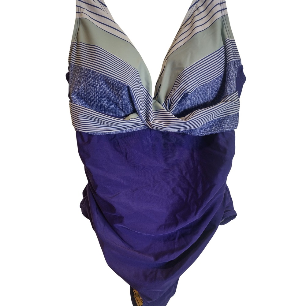 Eomenie Womens Purple One Piece Swimsuit Tummy Control Ruched Stripe V-Neck L